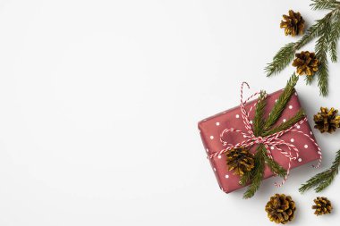 Köknar dalları ve koni ile süslenmiş hediye kutusu beyaz bir arkaplan üzerinde kopya alanı ile