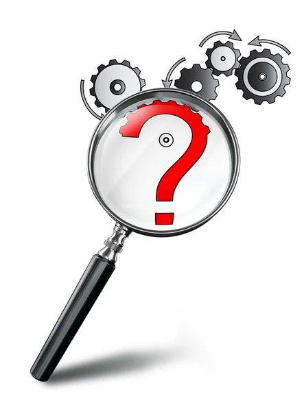 Cog wheel concept with red question mark and magnifying glass — Stock Photo, Image