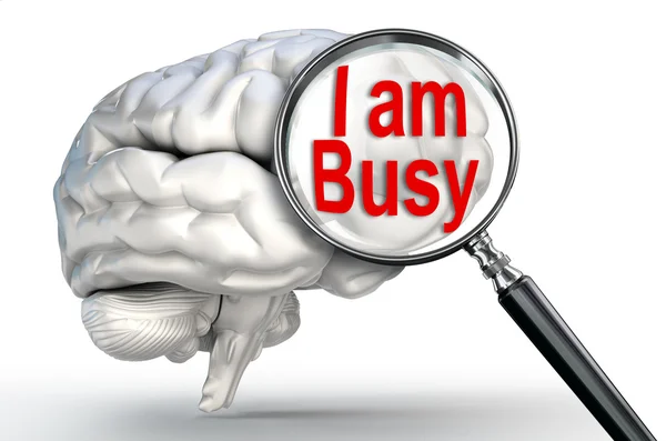 I am busy word on magnifying glass and human brain — Stock Photo, Image