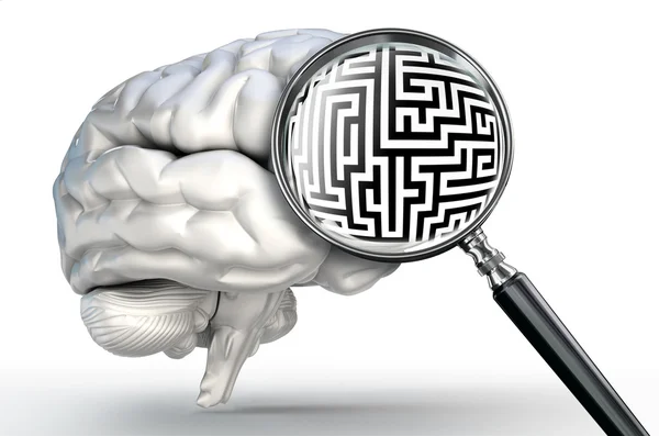 Maze problem on magnifying glass and human brain — Stock Photo, Image