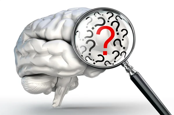 Red question mark on magnifying glass and human brain — Stock Photo, Image