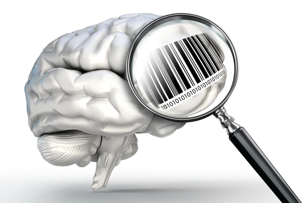 Barcode on magnifying glass and human brain — Stock Photo, Image