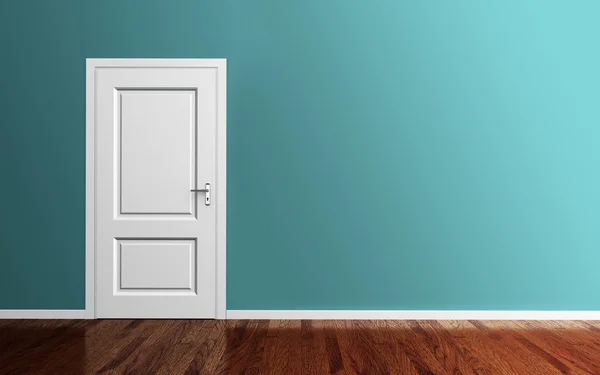 Intérieur d'une chambre bleue avec porte blanche rendu 3d — Photo