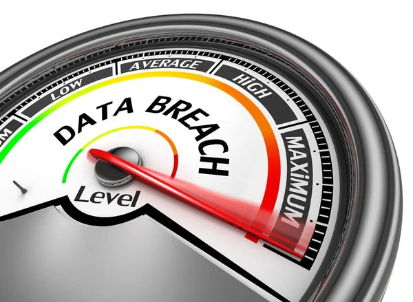 Data breach level to maximum modern conceptual meter — Stock Photo, Image