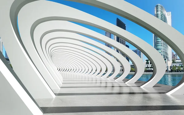 Estructura exterior futurista bajo arcos en el río —  Fotos de Stock