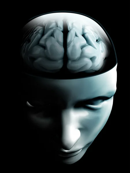 Gehirn auf offenem menschlichen Gesicht — Stockfoto
