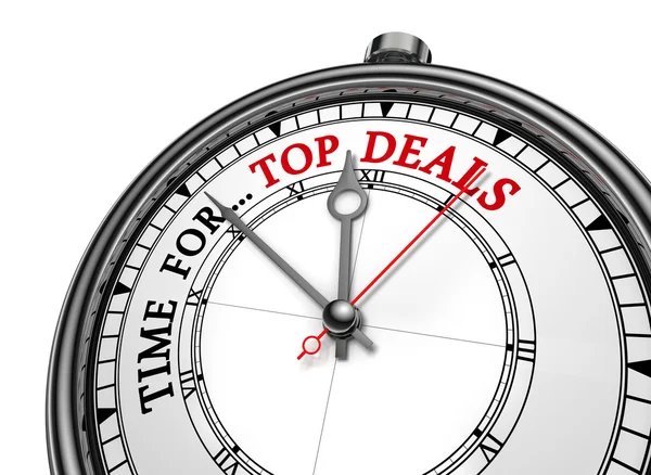 Top deals van tijd het bericht op concept klok — Stockfoto