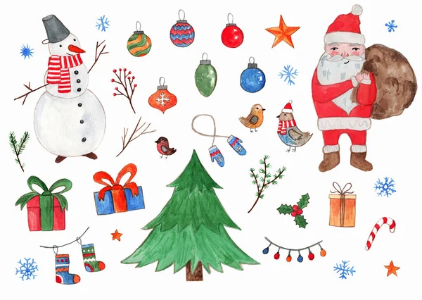 Grande set di elementi di Natale acquerello carino — Foto Stock