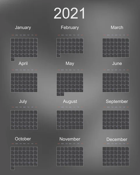 Eenvoudige grijze muur kalender van volledige 2021 jaar — Stockvector