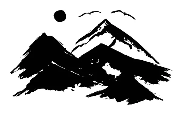 Schwarze Vektortinte Berge und Vögel Illustration — Stockvektor