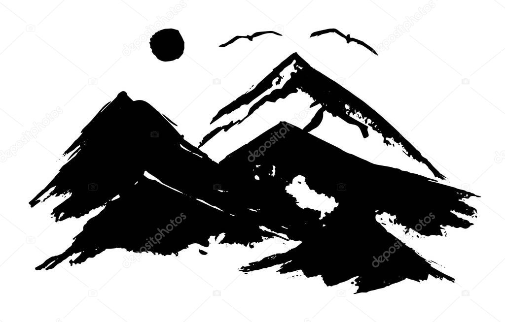 Black vector ink mountains and birds illustration