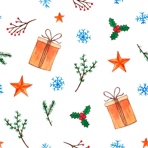 Cute Christmas wzór z pudełek i gałązek prezent — Wektor stockowy