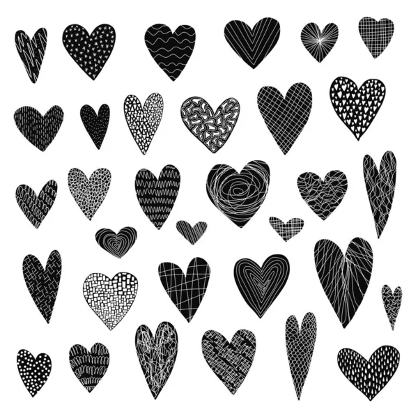 Gros ensemble de mignon doodle coeurs texturés noirs — Image vectorielle