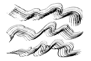 Bir dizi anlamlı dalgalı desenli siyah mürekkep darbeleri.