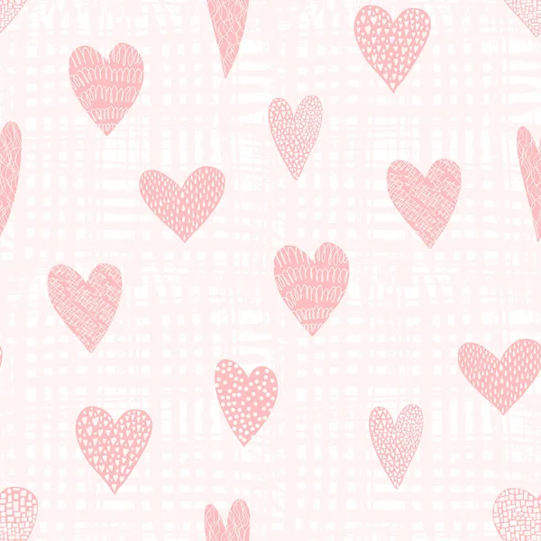 Padrão bonito com mão rosa desenhado corações texturizados —  Vetores de Stock