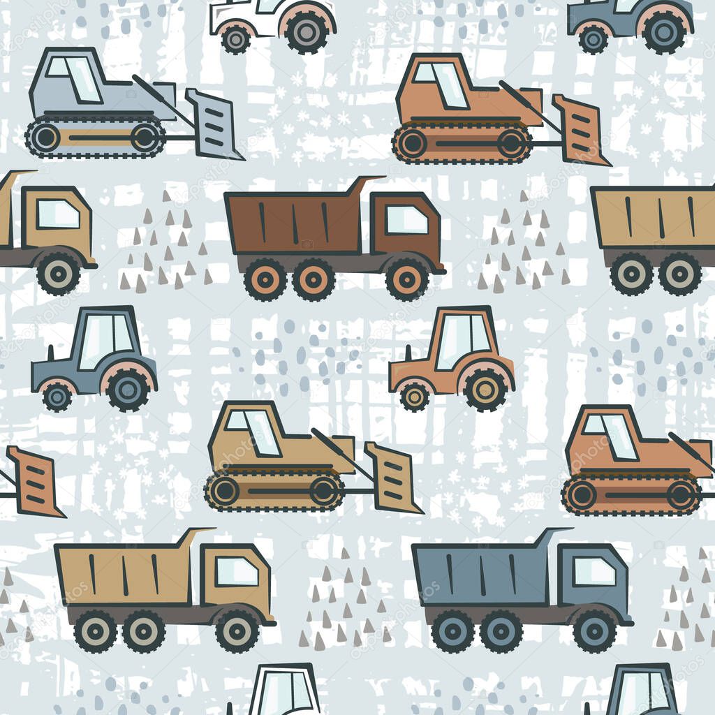 Cute kids pattern with flat color dozer, tractor