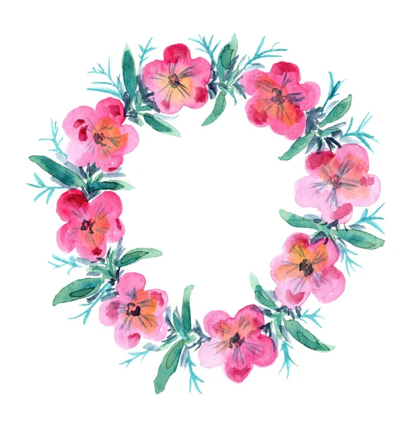 ピンクの可愛い花と水彩ラウンド花輪 — ストック写真