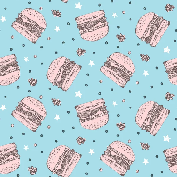 Bright pattern with pink burgers on blue —  Vetores de Stock