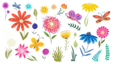 Bir dizi sevimli çiçek ve kelebek.