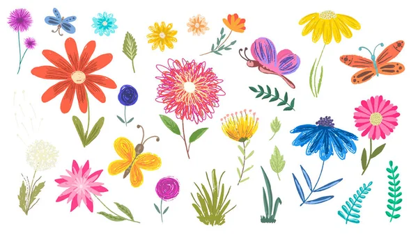 Bir dizi sevimli çiçek ve kelebek.