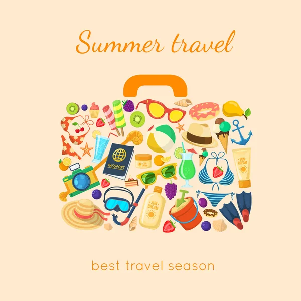 Summer holidays things in a suitcase shape. — Stock Vector