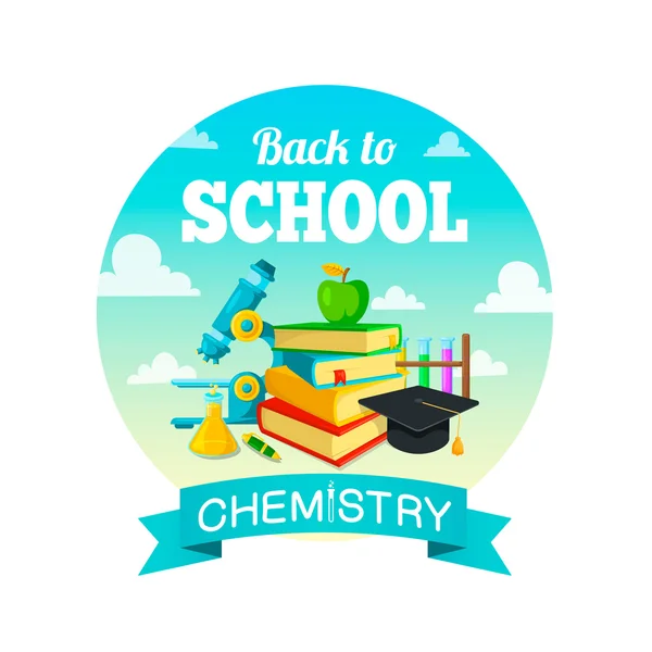 Forniture scolastiche e testo di saluto. Lezioni di chimica . — Vettoriale Stock