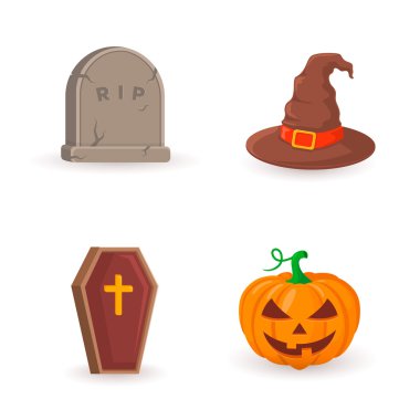 Mezar, tabut, Balkabağı ve cadı şapka.