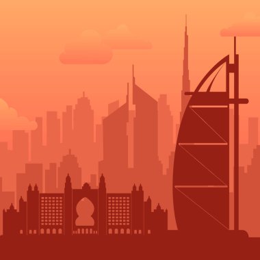 Dubai, BAE 'nin ünlü şehir manzarası arka planı.