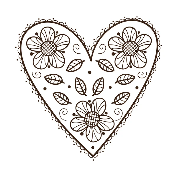 Hart met bladeren en bloemen. — Stockvector