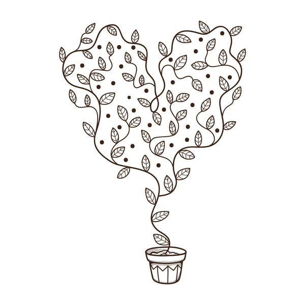 Heart with leaves and flowers growing in a pot. — Stockvector