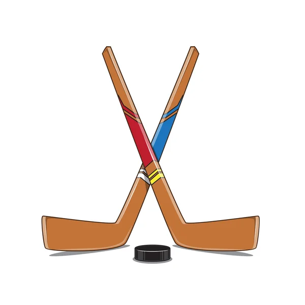 Gekruiste hockeysticks en puck. — Stockvector