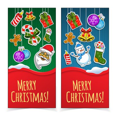 Christmas banners. Presents and decorations on holiday backdrop.