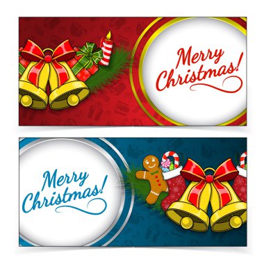 Christmas banners. Presents and decorations on holiday backdrop.