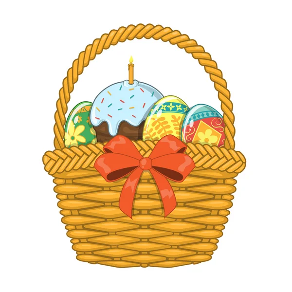 Корзина с пасхальными яйцами и тортом — стоковый вектор