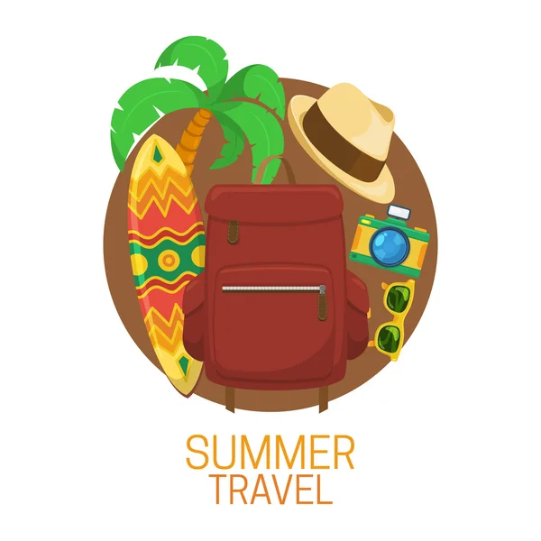 Touristischer Koffer und Urlaubssymbole. — Stockvektor