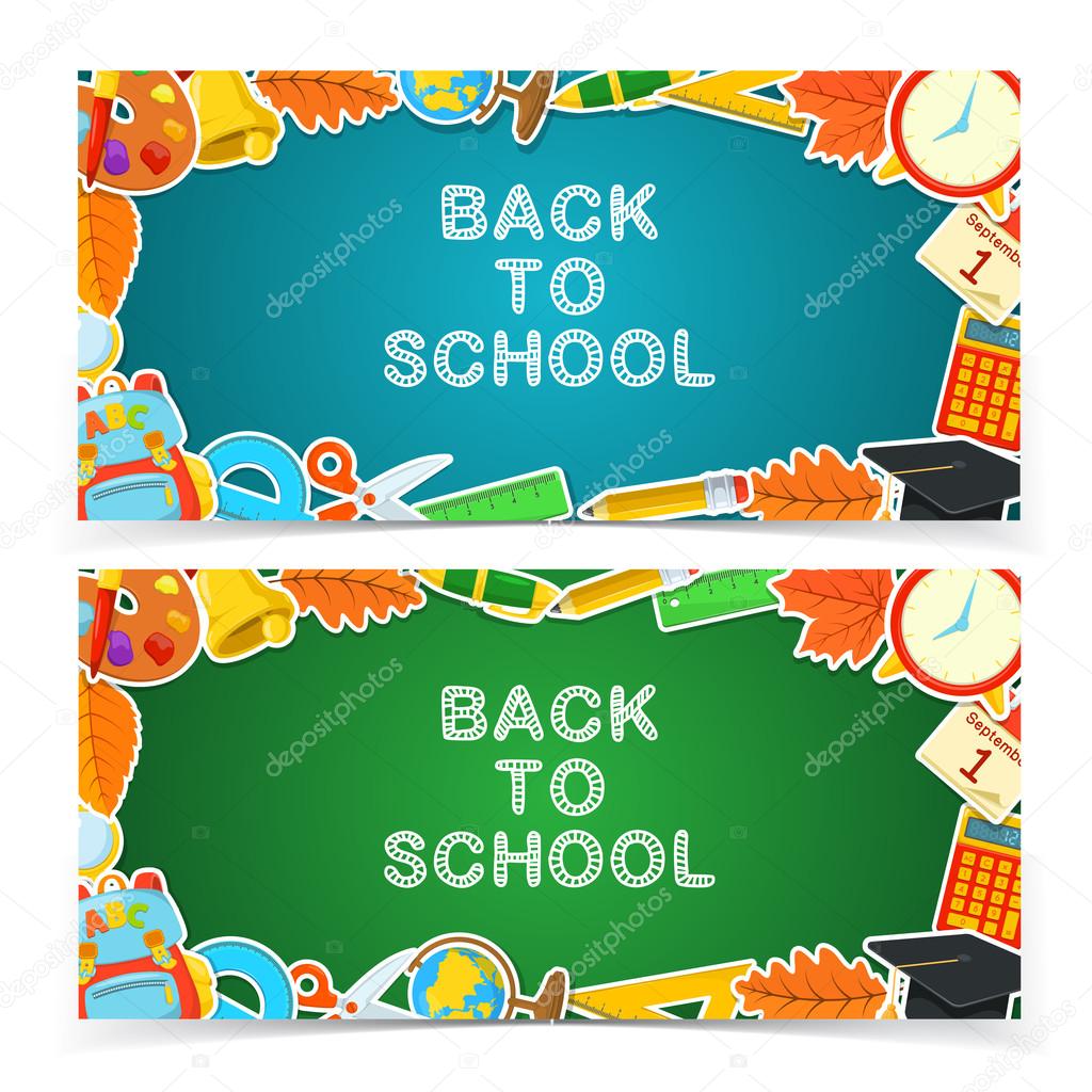 Bentornati a scuola — Vettoriale Stock Disegno educazione ban re Testo e og ti del banco colorato