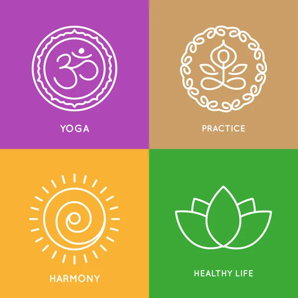 Yoga lijn symbolen in kleurrijke vierkantjes. — Stockvector
