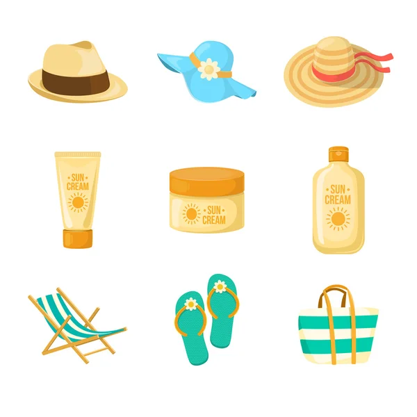 Des crèmes solaires. Chapeaux. Accessoires de plage . — Image vectorielle