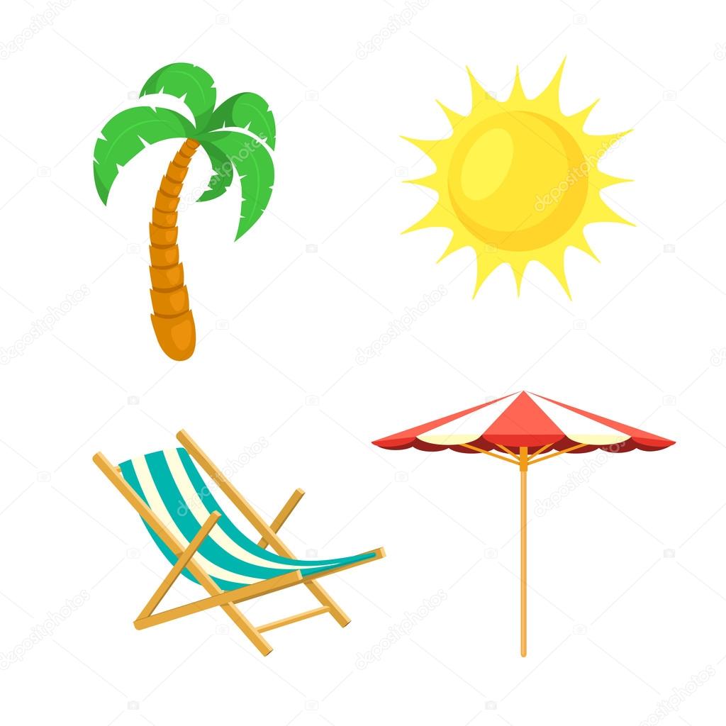 Palm tree, sun, umbrella, deck chair.