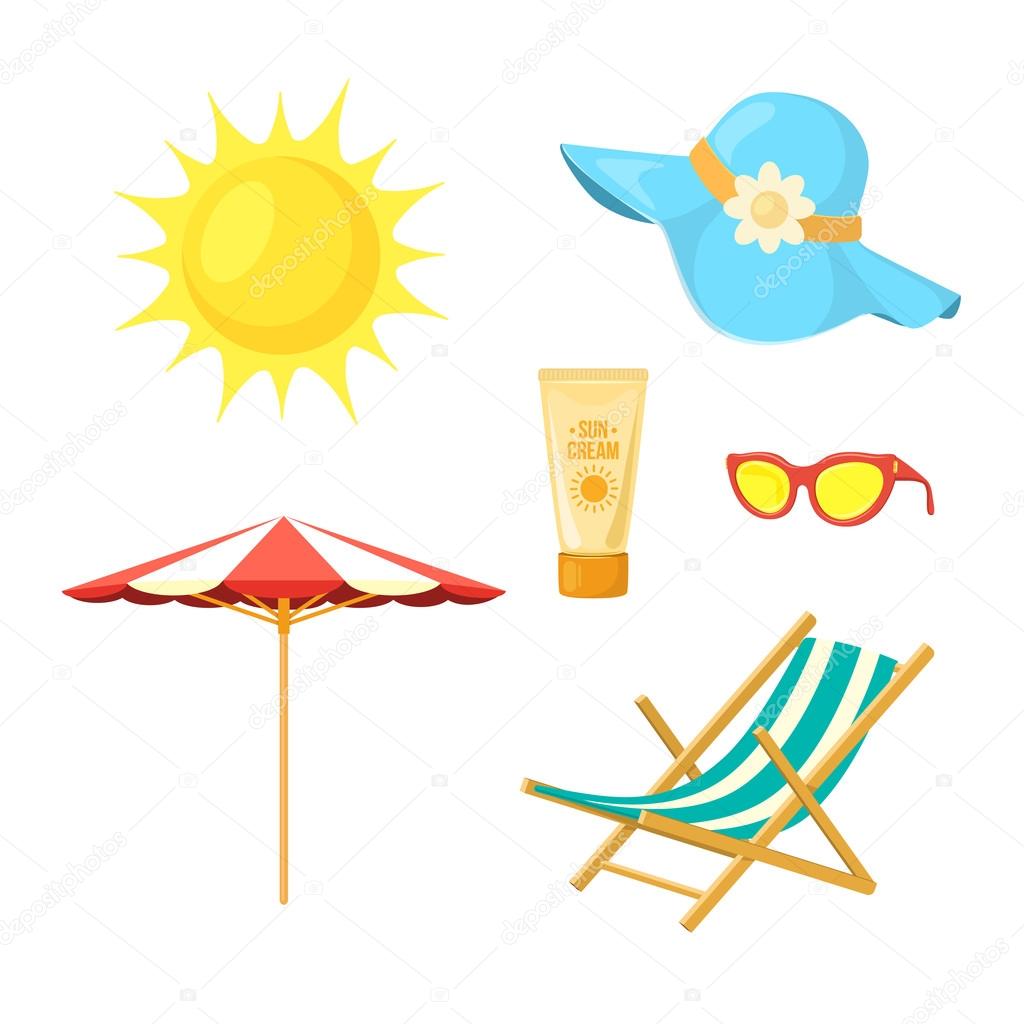 Sun, deck chair, sun protective accessories. 