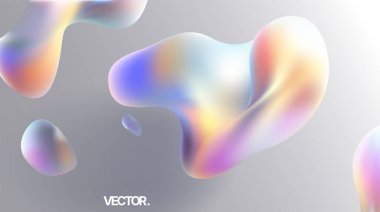Yumuşak gri bir gradyan üzerinde parlak renkli sıvı damlaları olan parlak sıvı şekilleri - modern soyut vektör.
