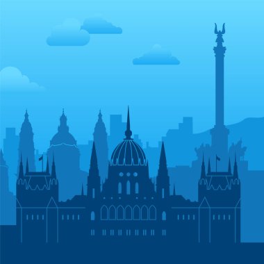 Mavi gökyüzüne karşı dizilmiş sayısız ikonik bina ve anıtı barındıran stilize bir siluet.