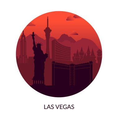 Ikonik Las Vegas simgelerinden nefes kesici bir siluet Parlak bir gün batımı arka planına karşı kurulmuş