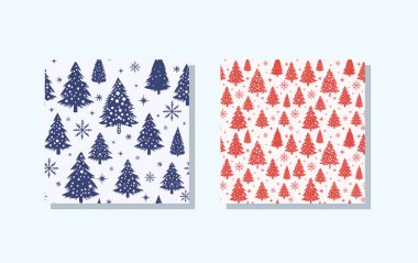 Noel ağaçlarını kırmızı ve lacivert renklerle süsleyen büyüleyici tatil desenleri mevsimlik tasarımlar için mükemmel..