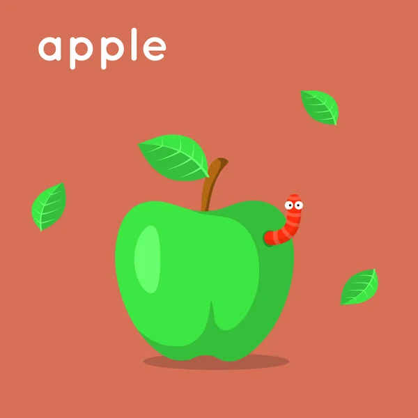 Manzana verde con gusano divertido . — Vector de stock