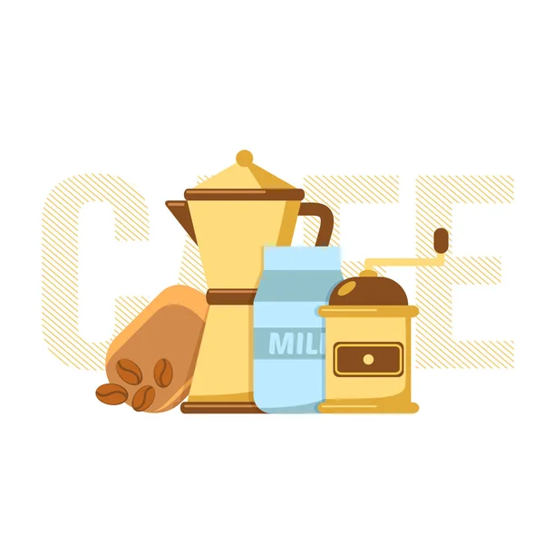 Kávovar, mlýnek na kávu a mléko. — Stockový vektor
