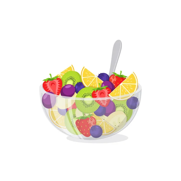 Ensalada de frutas en tazón de vidrio . — Vector de stock