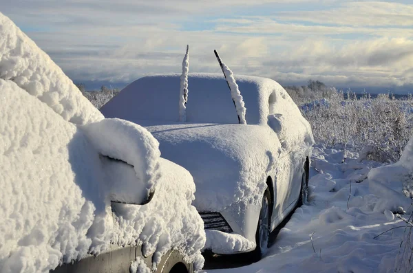 De winter. Met sneeuw bedekte auto 's staan aan de kant van de weg na een sneeuwstorm, sneeuwval — Stockfoto