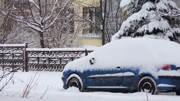 Όμορφο χειμερινό τοπίο της πόλης, ένα σταθμευμένο αυτοκίνητο στέκεται μπροστά από ένα σπίτι με δέντρα, έλατα κατά τη διάρκεια μιας χιονοπτώσεις — Αρχείο Βίντεο