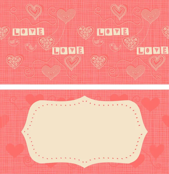 Set uitnodigingskaarten met doodle hart op rode textuur achtergrond — Stockvector